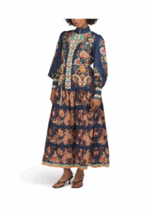 Long Sleeve Mock Neck Paisley Print Maxi Dress