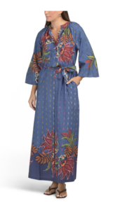 Mock Neck Bell Sleeve Denim Floral Maxi Dress
