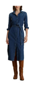 Horsebit Belted Long Sleeve Denim Shirtdress