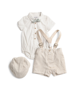 Newborn Boys 2pc Bodysuit with Striped Suspenders Set with Hat