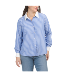 Boyfriend Striped Shirt with Solid Collar and Cuffs
