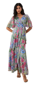 Flutter Sleeves Wrap Skirt Tie Waist Maxi Dress in Lilac Floral Print