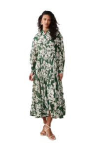 Long Sleeve Maxi Shirt Dress in Green Floral Print