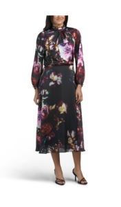 Twill Floral Printed Tie Neck Dress