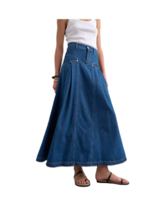 Denim Yoke Pleated Maxi Skirt in Rich Blue