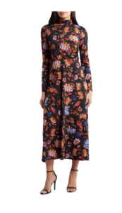 Floral Mock Neck Long Sleeve Midi Dress