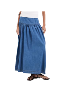 Dropped Waist Denim Maxi Skirt in Mid Blue