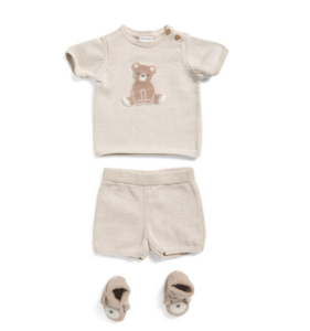 Newborn Boys 3pc Knit Bear Sweater and Shorts Set with Matching Shoes