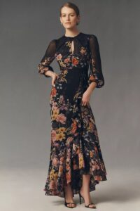 Mestiza Ophelia Draped Floral Print Chiffon Gown
