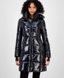 Women's Hooded Thumbhole-cuff Shine Puffer Coat