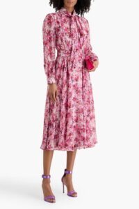 Pussy-bow Metallic Floral-print Crepon Midi Dress