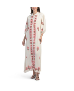 Linen Blend Three-quarter Sleeve Embroidered Maxi Dress