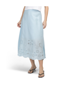 Linen Blend Floral Eyelet Cut out Midi Skirt with Side Zip Closure