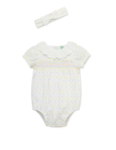 Smocked Bubble Dot Romper & Headband Set 3-12m