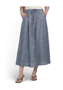 Linen Blend Pinstripe Drawstring Maxi Skirt