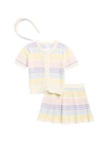 Kids' Short Sleeve Cable Knit Cardigan, Skirt & Headband Set