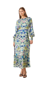 Long Blouson Sleeves Midaxi Dress with Bow Back in Blue Mirror Floral