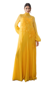 Appliqué Floral Tie Neck Blouson Sleeve Trapeze Maxi Dress in Marigold