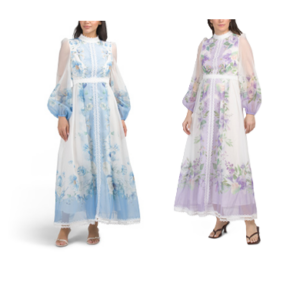 Balloon Sleeve Color Block Floral Maxi Dress with Lace Trim