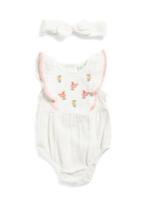 Newborn Girls 2pc Floral Embroidery Bubble Hem Romper and Headband Set