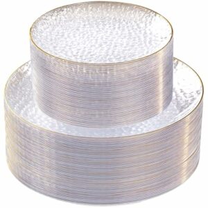 Sut 100pcs Clear Plastic Plates, Hammered Plates Disposable Heavy Duty, Clear Disposable Plates with Gold Rim