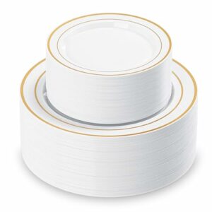 200pcs White Plastic Plates with Gold Rim