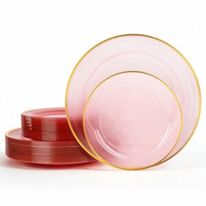 Qualquot 120pcs Pink Plastic Plates with Gold Rim, Heavy Duty Disposable Plate