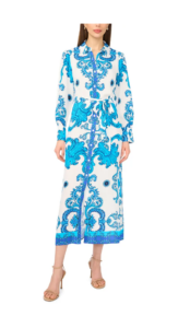 Print Long Sleeve Belted Shirtdress