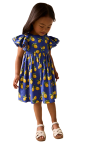 Kids' Lemon Print Angel Sleeve Cotton Jacquard Dress Size 2-7