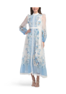 Balloon Sleeve Color Block Floral Maxi Dress with Lace Trim