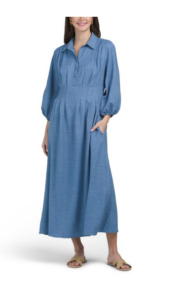 Long Sleeve Front Pleat Midi Dress