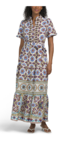 Ruffle Neck Short Sleeve Tiered Maxi Dress with Self Belt