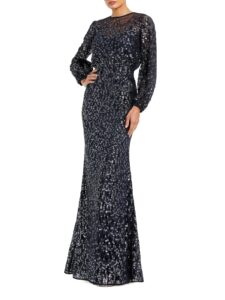 Beaded Mesh Long-sleeve Blouson Gown