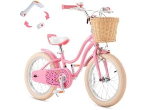 Royalbaby Girls Bike Ez Kids Bike, Balance and Pedal Bicycle, Dual Handbrakes with Kickstand, 18 Inch Toddlers to Big Kids 5-8 Years, Pink