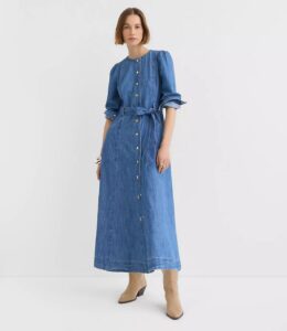 Chambray Balloon Sleeve Midi Pocket Dress
