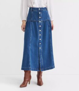 Yoke Button Denim Midi Skirt in Classic Mid Wash