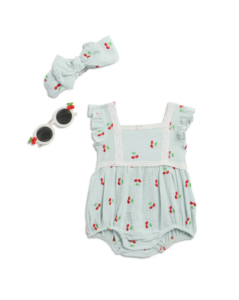 3-piece Embroidered Gauze Romper, Bow & Sunnies Set