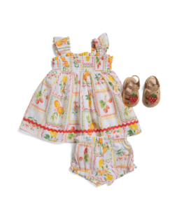 Newborn Girls 2pc Smocked Bodice Fruit Tile Dress Set with Sandals
