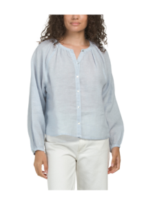 Linen Blend Raglan Sleeve Button Down Blouse