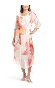 Long Sleeve Flowers Belted Dress