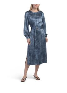 Long Sleeve Midi Shift Dress with Sash