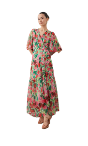 Wrap Tie Detail Maxi Dress in Green Petal Print