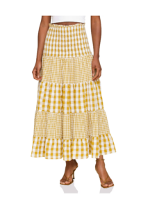 Mixed Print Tiered Cotton Gingham Maxi Skirt