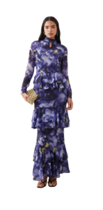Chiffon High Neck Keyhole Tiered Frill Maxi Dress in Purple Abstract Print