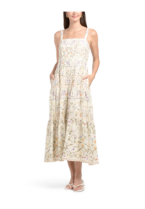 Linen Blend Square Neck Dress with Side Seam Pockets (pair with a Cardi)