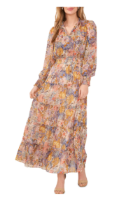 Floral Metallic Smocked Waist Long Sleeve Tiered Midi Dress