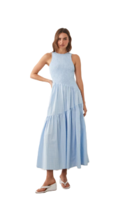 Sleeveless Shirred Bodice Asymmetric Detail Tiered Skirt Midi Dress in Light Blue Pinstripe