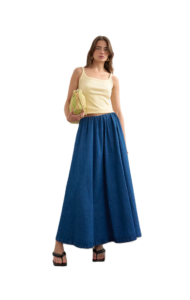 Denim Pull on Circle Skirt in Mid Blue