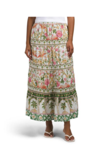 Linen Blend Printed Tiered and Flared Skirt with Piping Details