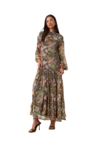 Slash Neck Chiffon Godet Maxi Dress in Black Based Floral